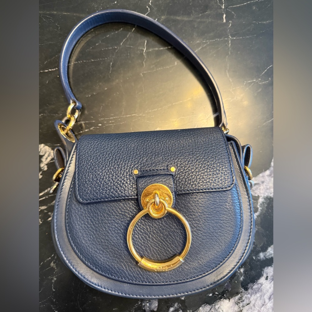 Chloe Dark Blue Leather Shoulder Bag with Gold Hardware